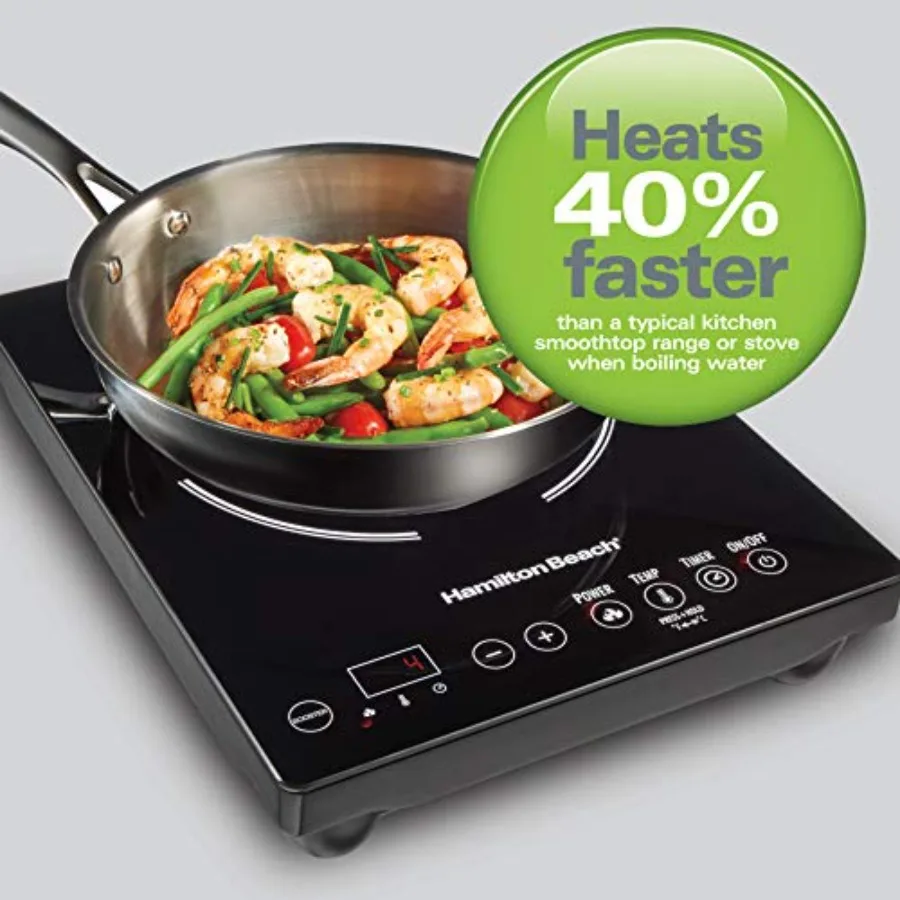 Portable Single Induction Cooktop for kitchen use, black glass surface, rapid heating mode