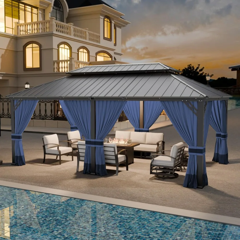 

12x20ft Hardtop Gazebo Double Roof, Outdoor Pavilion with 2-Layer Hard top Galvanized Iron Frame Garden Tent, Suitable