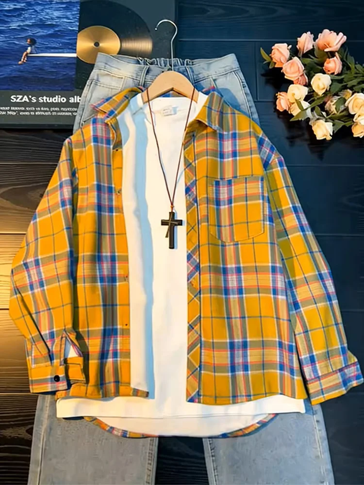 American Retro Long Sleeve Shirt Men's Spring Autumn Thickened Fleece Innerwear Plaid Flip Collar Coat High Sensation Button ...