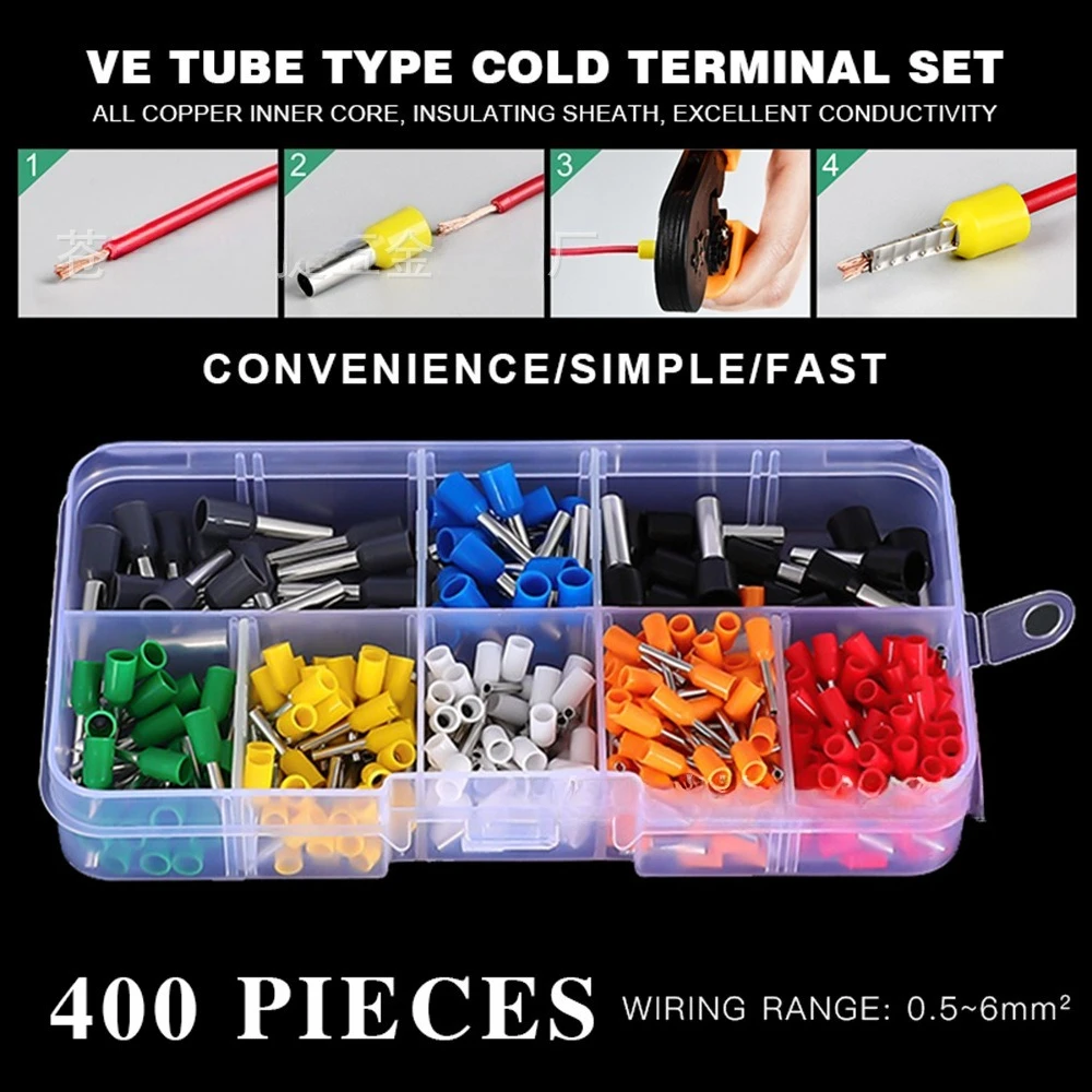 400PCS VE Tubular Terminal 8-in-1 Assortment Kit, Insulated Crimp Wire Connectors Electrical Wiring Terminals Box Set