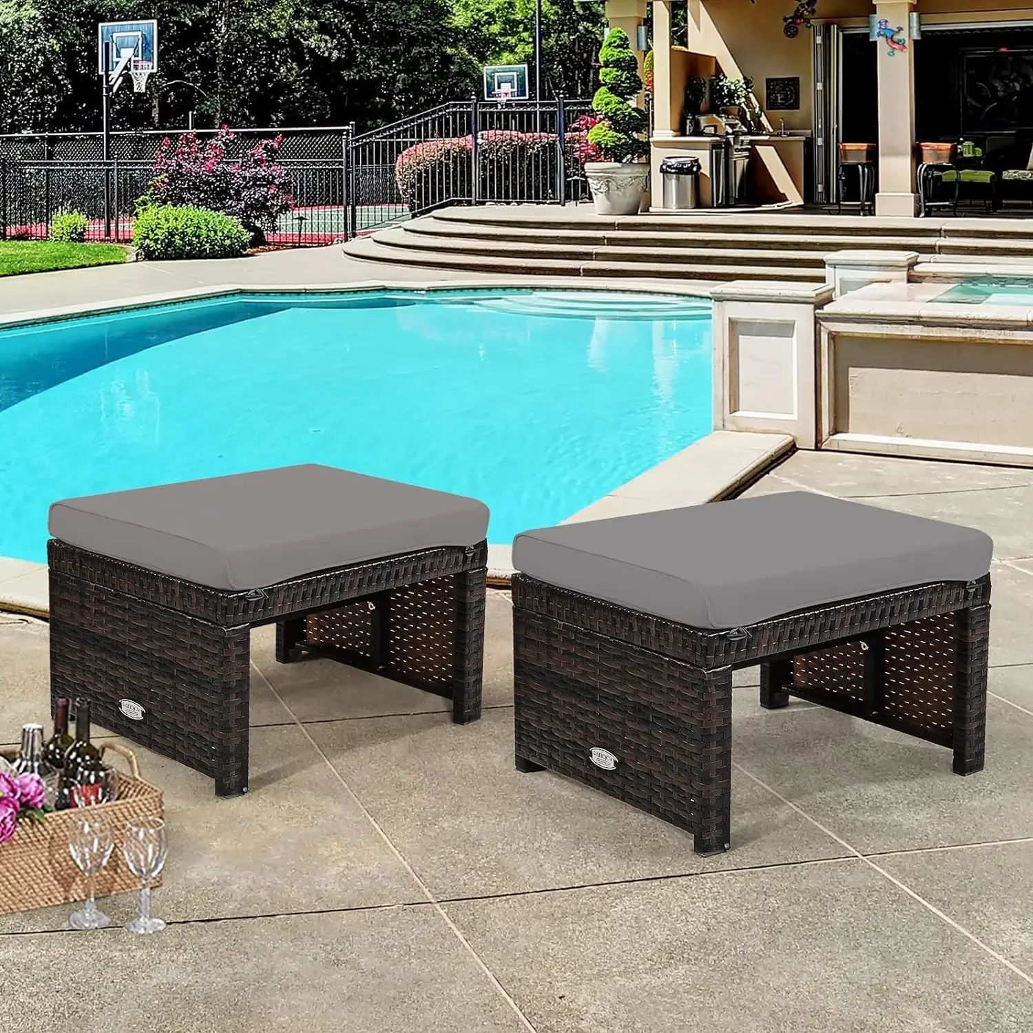 2Pieces Patio Rattan Ottomans, All Weather Outdoor Footstool Footrest Seat with Soft Cushion, Hidden Zipper, High-Density Sponge