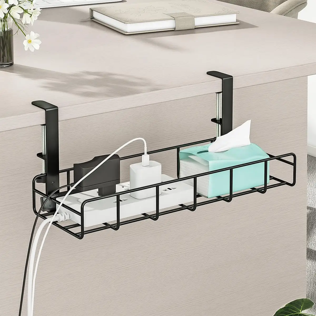 No Drill Under Desk Cable Management Tray Metal Cord Organizer Clamp-On Wire Storage Basket Punch-Free Cable Hider Rack for Standing Desk Computer PC Gaming Setup Home Office Accessories