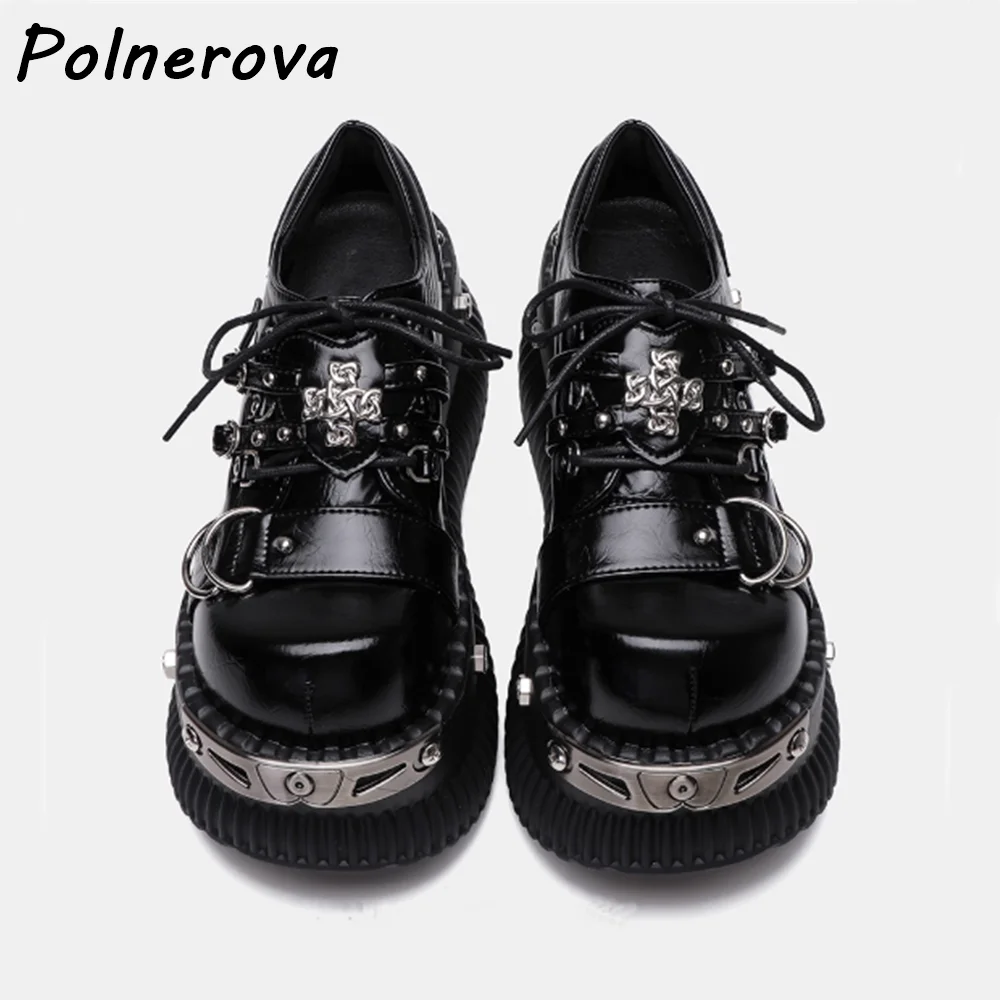 

Metal Decoration Cross Pumps Round Toe Thick Soled Leather Fashion Dark Punk Shoes High Increase Black Gothic Women's Shoes