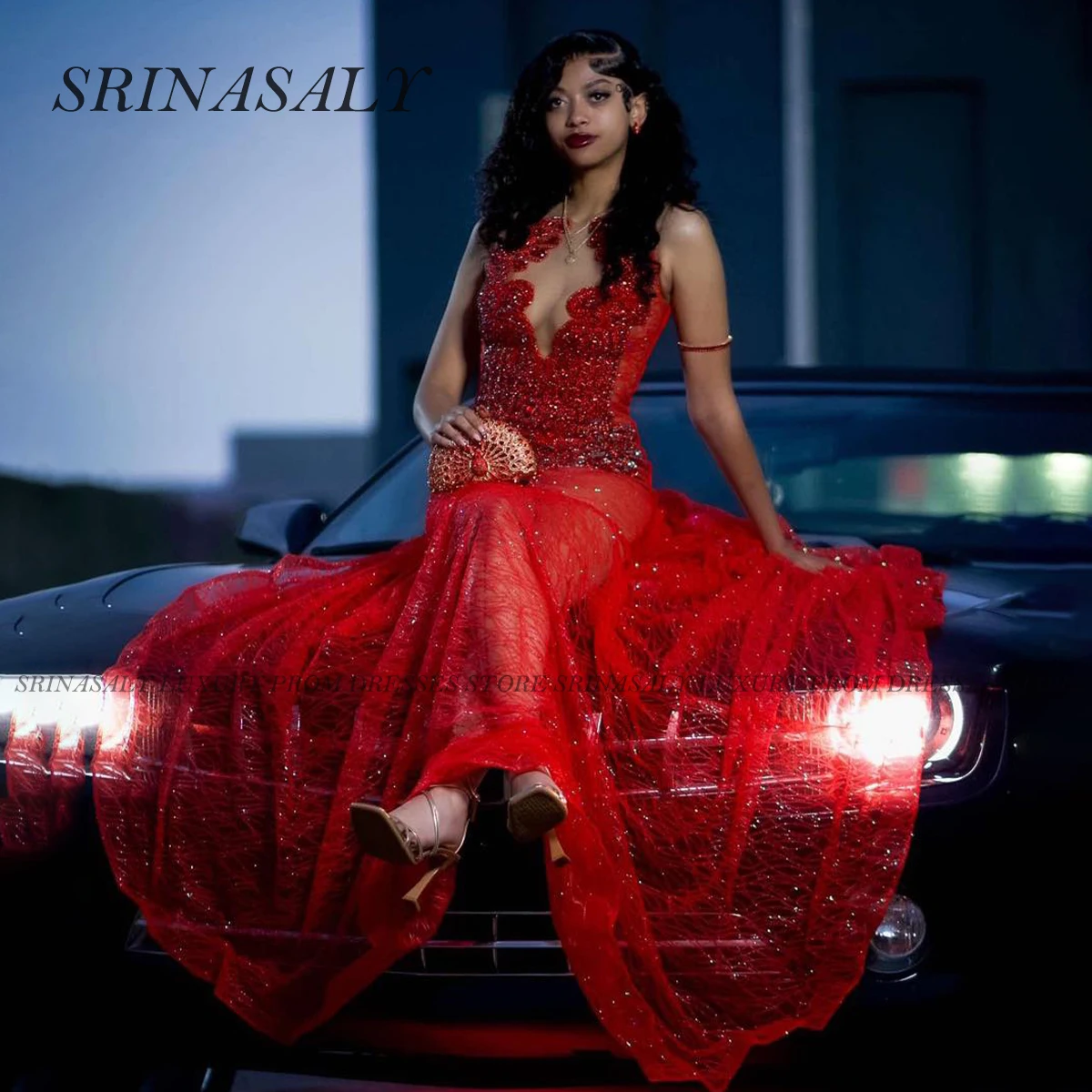 흑인 소녀를위한 맞춤형 라인 석 레이스 인어 댄스 파티 드레스 다이아몬드 반짝이 민소매 크리스탈 구슬 이브닝 가운 가운