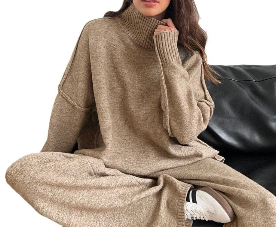 Fall/Winter Loose-Weave Casual High-Neck Sweater Set and Lazy Thick Knitted Pants Set