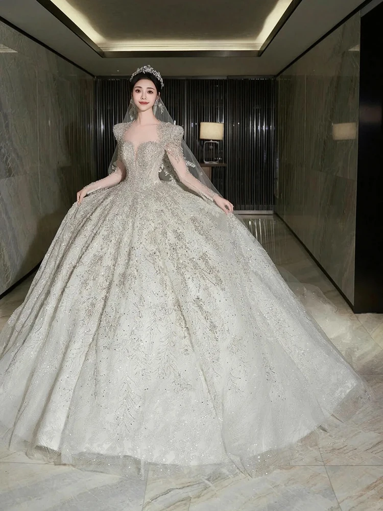 ชุดแต่งงานแขนยาวคลาสสิก Sweetheart งานแต่งงานชุด Shinny งานแต่งงานชุดบอล PLUS ขนาดที่กําหนดเอง