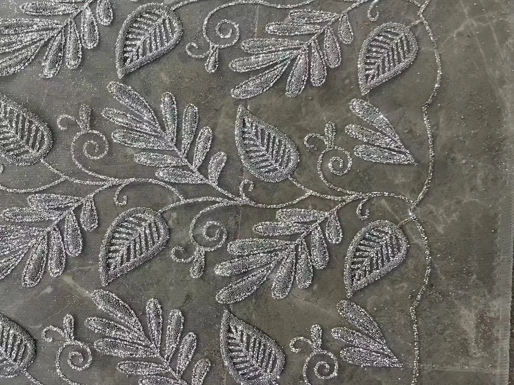 

2025 new arrive silver flower glued glitter lace fabric for making bridal wedding dress