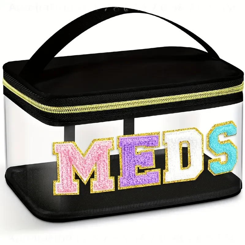 Glittery MEDS Letter PVC Cosmetic Bag Turquoise Travel Makeup Organizer Zipper Closure Large Capacity Easy Clean Stylish High
