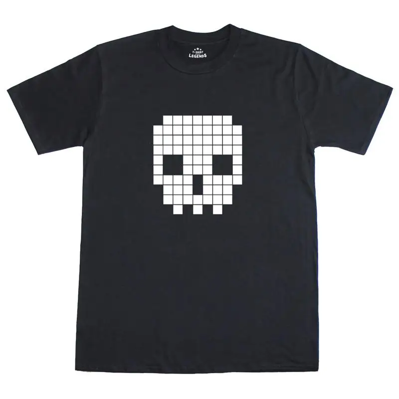 تي شيرت رجالي 8 بت Retro Geek Novelty Pixel Skull 100% تي شيرت منكمش مسبقًا