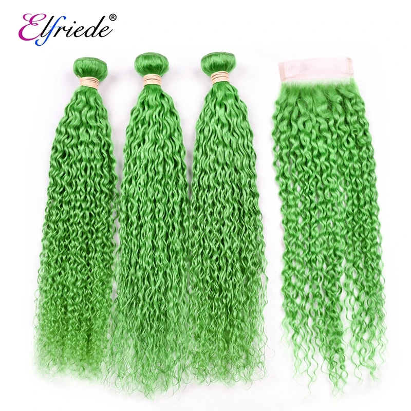 Elfriede Grass Green Kinky Curly Hair Bundles with Closure Brazilian Remy 100% Human Hair Weaves 3 Bundles with Lace Closure 4x4