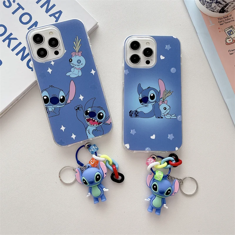 Funda de teléfono de dibujos animados de Disney para iPhone 13, 12, 11, 14, 15 Pro Max, 2 en 1, funda anticaída con armadura, llavero, muñeca de punto