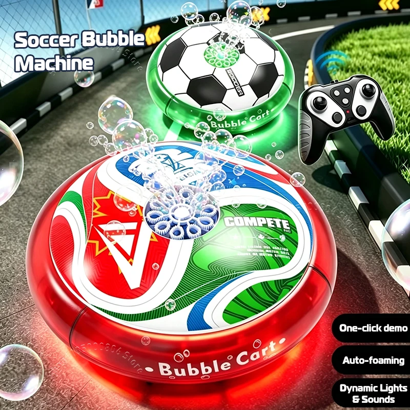2.4G Remote Control Soccer Bubble Car Auto Bubble Blowing 360° Rotation Colorful LED Lights World Themed Football Bubble KidsToy