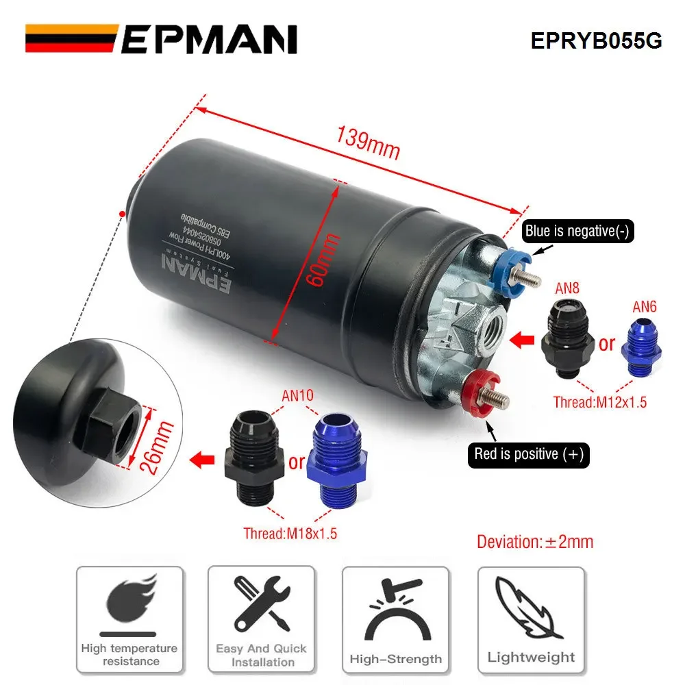 EPMAN 0580254044 High Performance EFI 400LPH Power Flow Inline External Fuel Pump E85 380 Black Short Type Accessories EPRYB055G