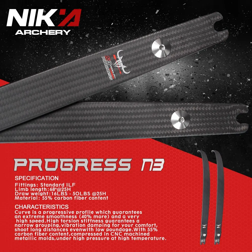 

Nika Archery Takedown Long Limbs N3 Progress Small Logo Carbon Fiber ILF Recurve Bow Limbs