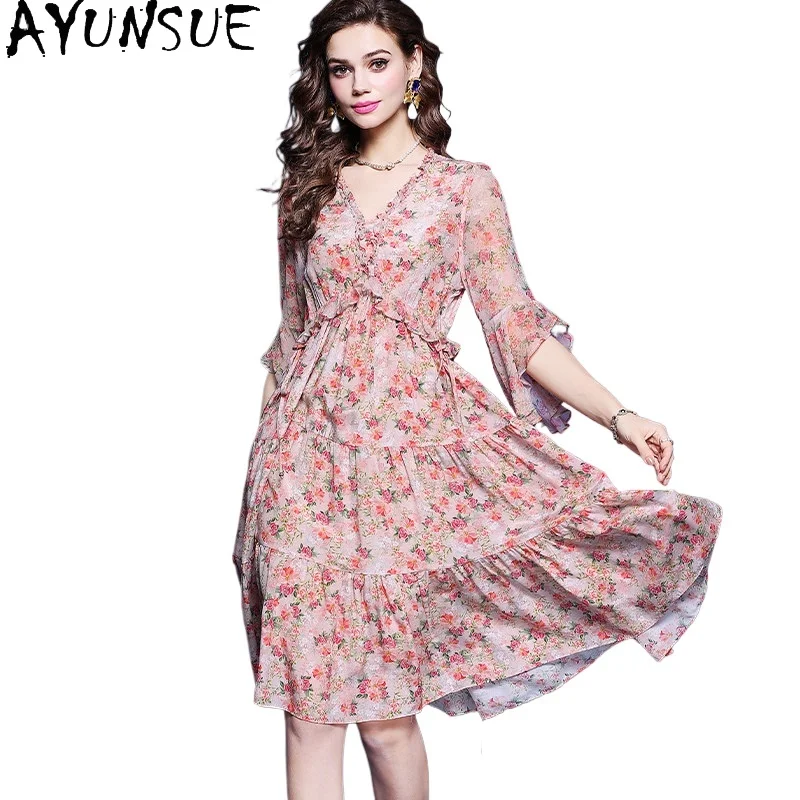 

AYUNSUE Элегантное платье из 100% натурального шелка тутового шелкопряда для женщин, летняя одежда, высококачественное длинное платье, женские вечерние платья, платье женское