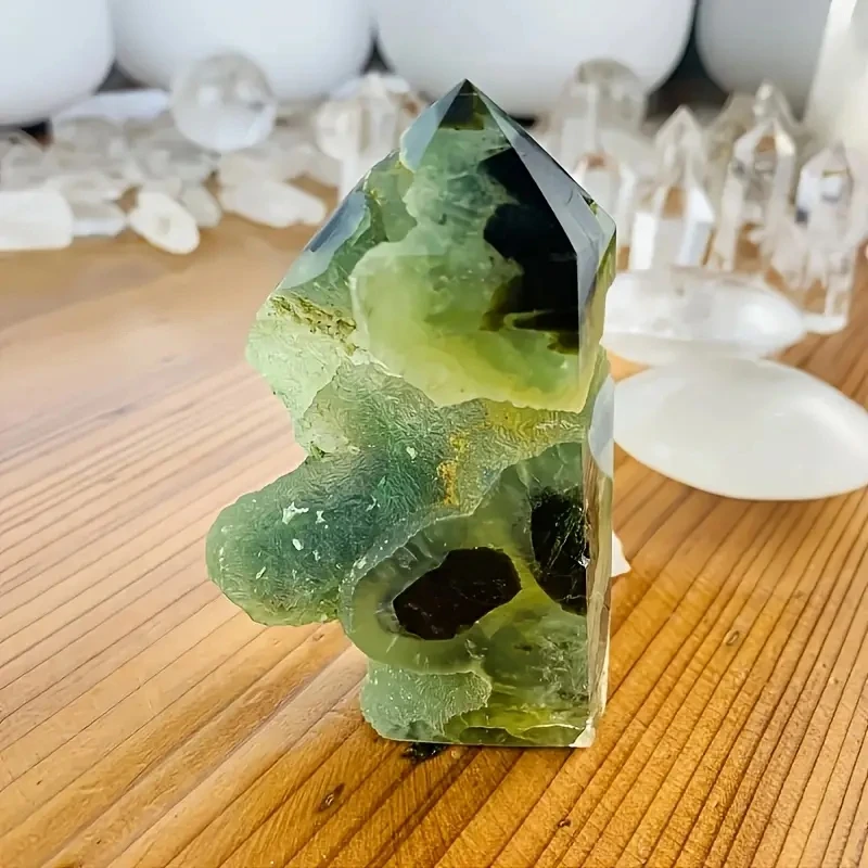 Natural Green Prehnite Crystal Druzy Tower Grape Agate Quartz Point Column with Black Inclusions Unique Desk Decor