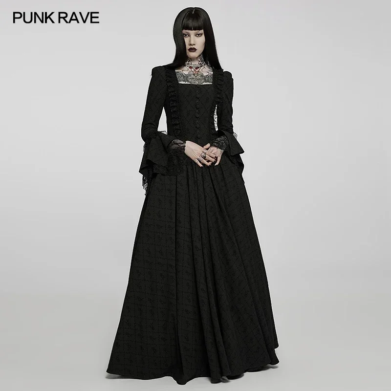 PUNK RAVE Women's Gothic Thorn Rose Nobility Gown Lace and Black Beads Decorated Chest Enlarged Hem Vintage Dresses Clothing