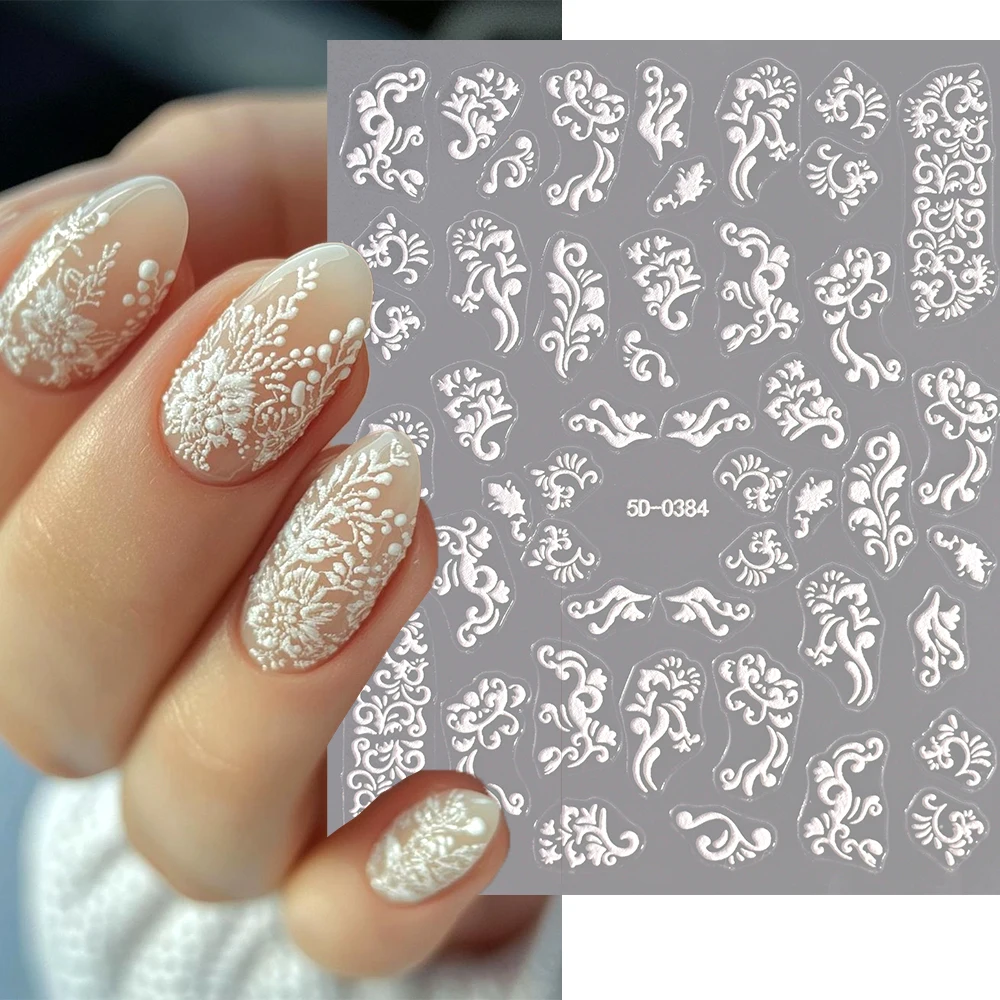 

5D White Acrylic Lace Flowers Nail Stickers Decals Elegant Adhesive Sliders Wedding Bride Manicure Simple Line Design Nails Art#