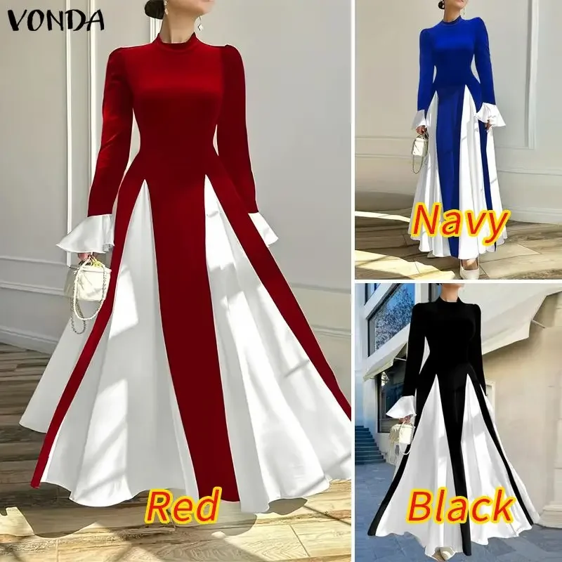 Eleganckie zimowe sukienki damskie VONDA z długim rękawem, welurowe sukienki wieczorowe na przyjęcia, patchworkowe jesienne długie suknie maxi, damskie suknie ślubne Vestido