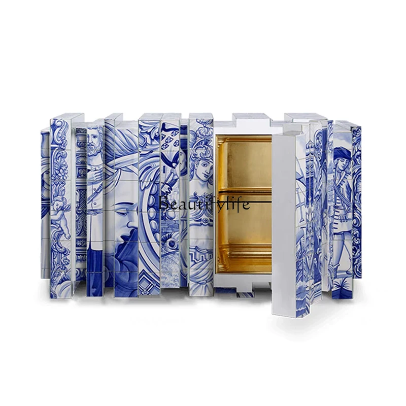

Hand-painted Designer Painting Sideboard Entrance Dining Side Cabinet Villa Wall-mounted Blue and White Porcelain Cabinet