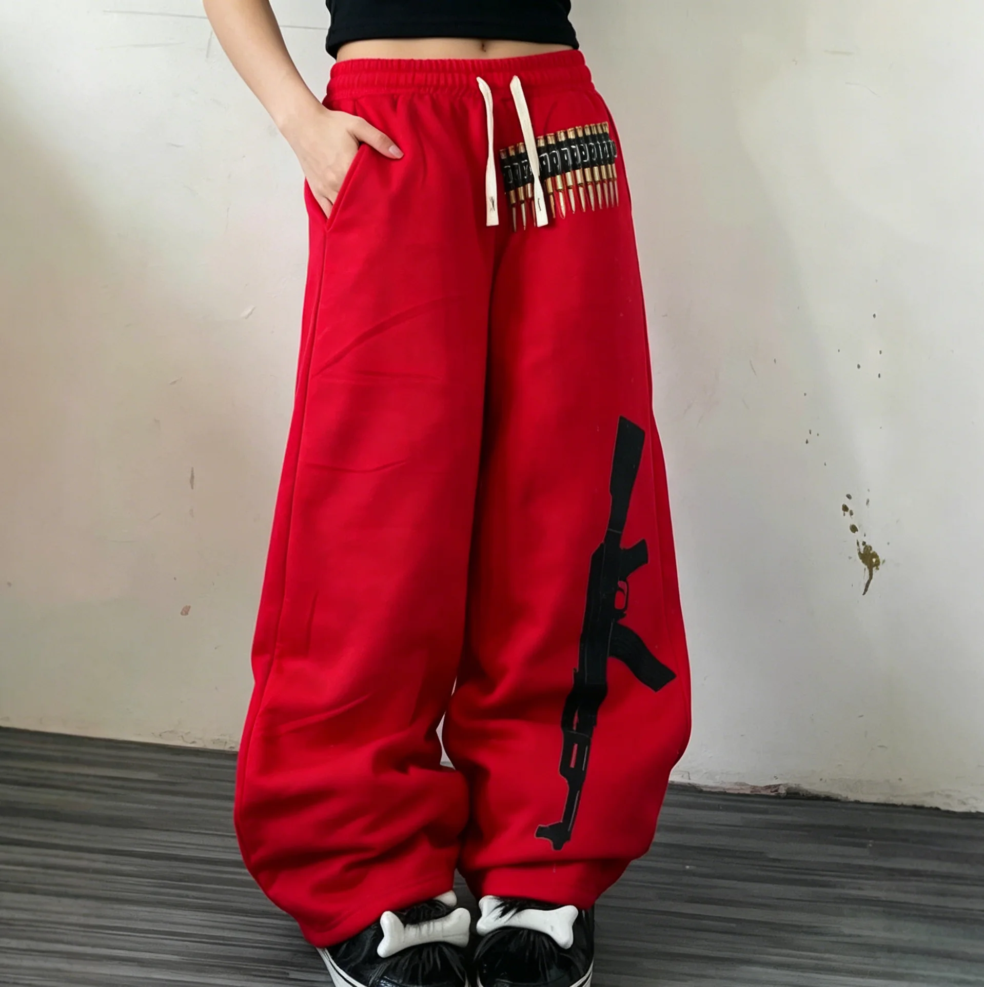

Personalized high street European and American bullet printed street loose pants, hoodies, casual straight leg pants