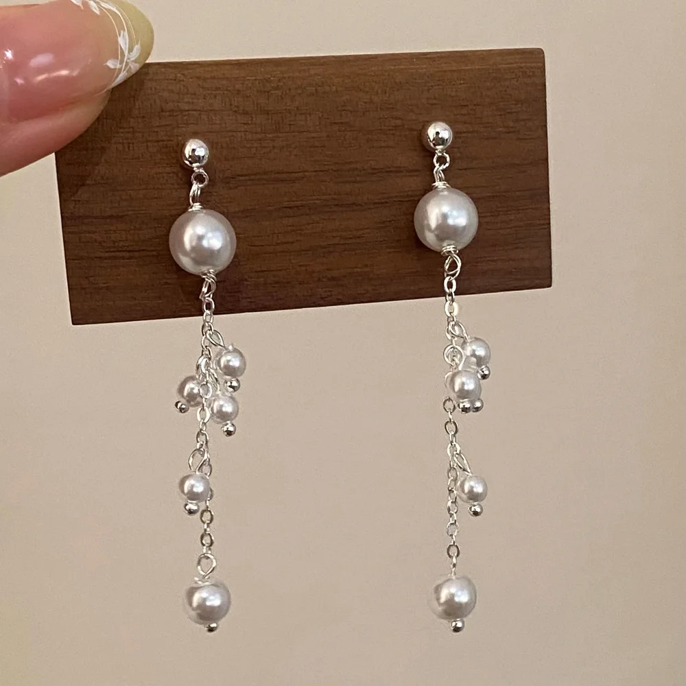 

Trendy Long Pearl Tassel Chain Stud Earrings for Women Luxury 925 Silver Neddle Dangle Earrings Minimalist Jewelry Accessories