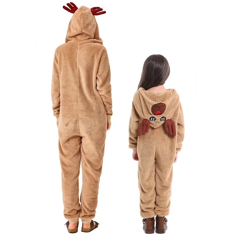 Christmas Reindeer Jumpsuits Role-playing Animal Suit Elk Coral Fleece Couple Costume Parent-child Hooded Deer Clothing Pajam*.1