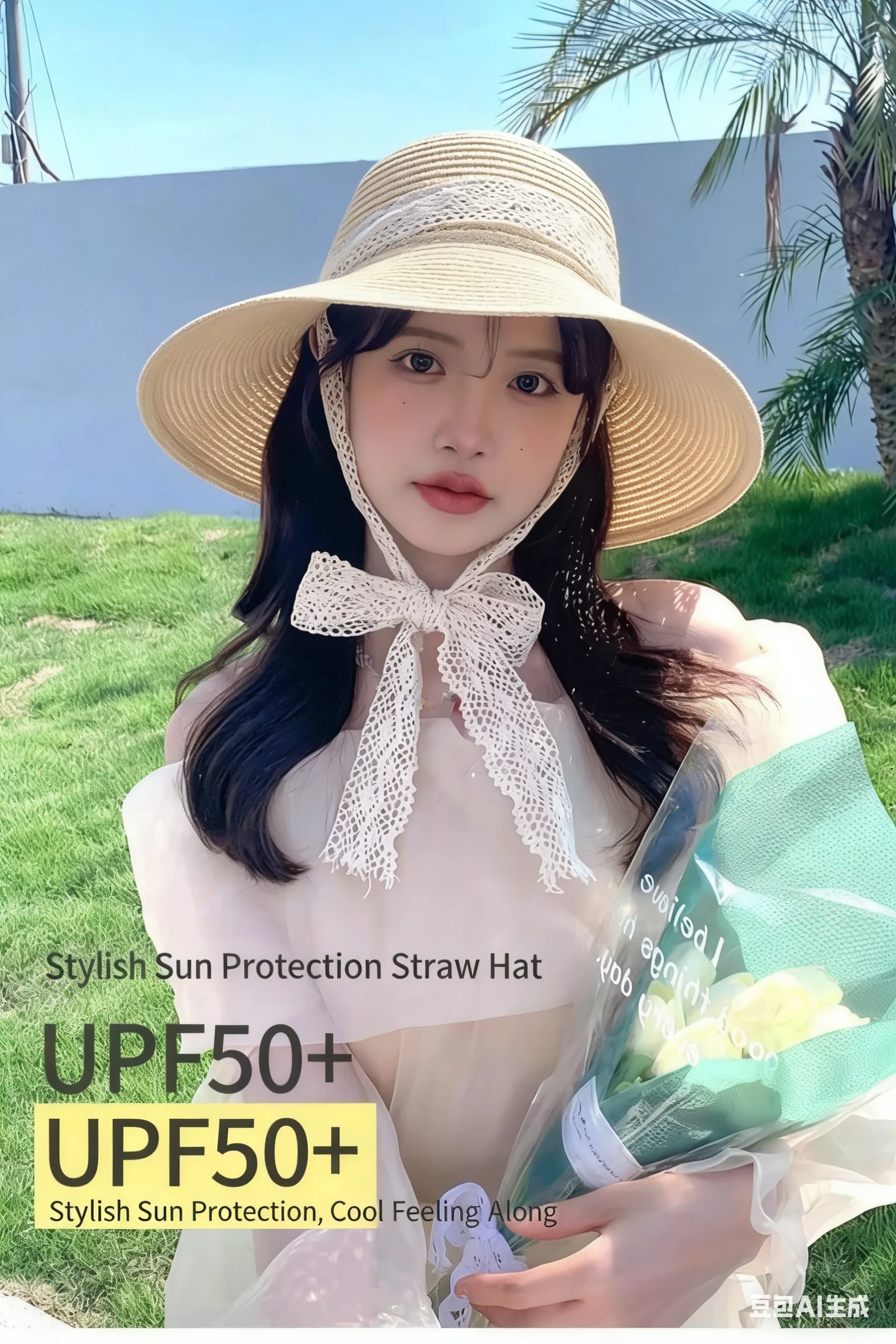 Damen-Sonnenhut aus Stroh mit Spitze und Schleife – UPF50+ UV-Schutz, faltbar, breite Krempe für Strand, Reisen & Outdoor