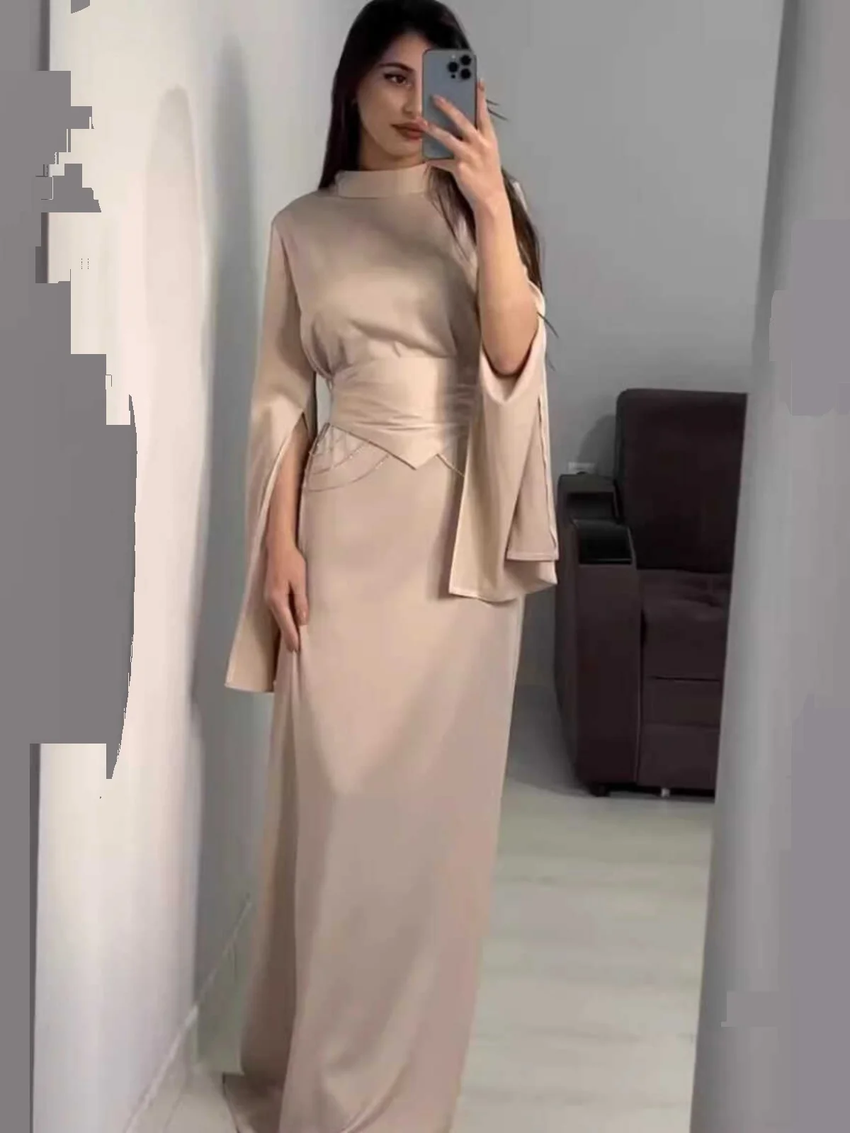 Vestido Largo de Satén de Acetato Premium con Cintura Alta y Ajustada para Mujer, Nuevo para Primavera y Otoño