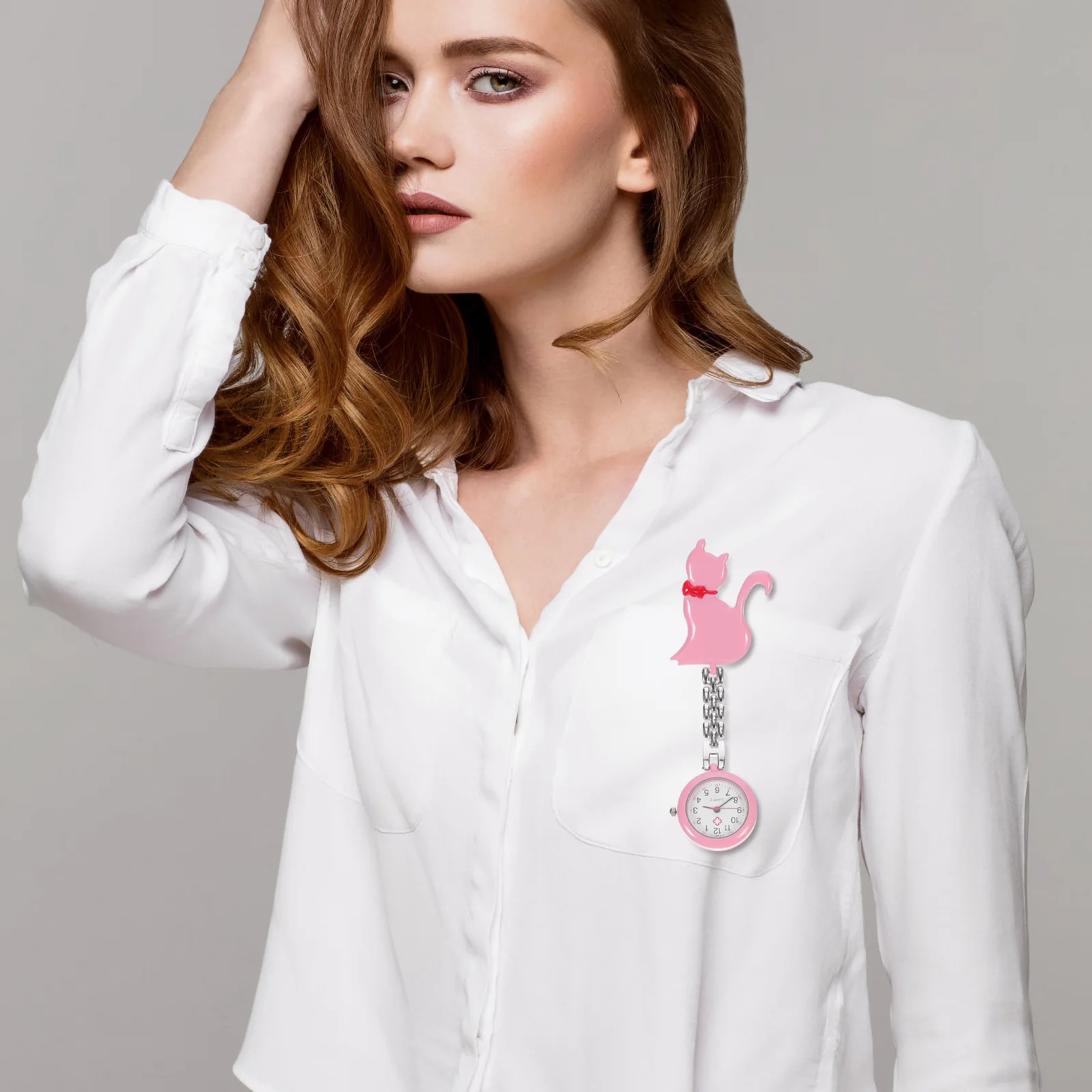 

1 pc Cute Cat Quartz Pocket For Nurses Clip-On Hanging Watch Nurse Quartz Watch Portable Lightweight Timepiece