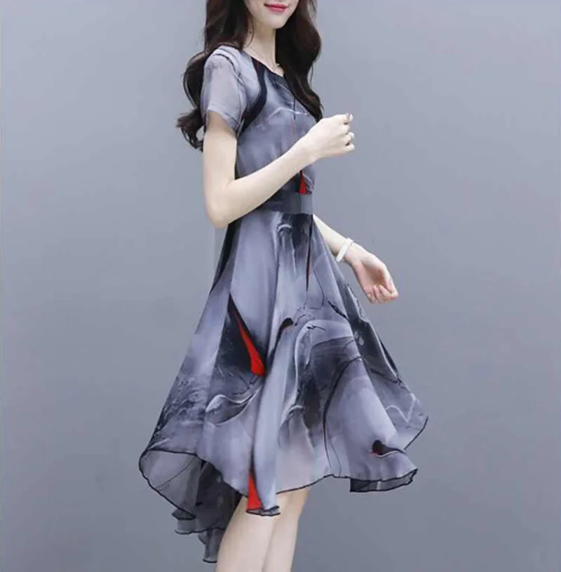 Damen Sommer neues Kleid kurz ärmel ige koreanische Slim Fit und Slimming Print Imitation Chiffon schwimmende Tail dress Feen rock