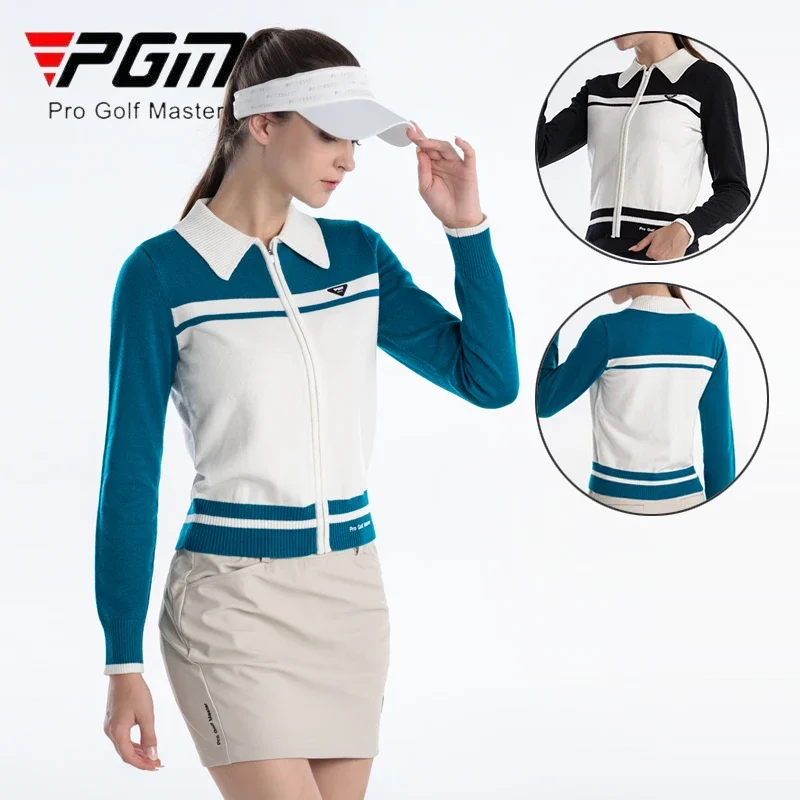 

PGM Ladies Warm Long Sleeve Golf Shirt Women Patchwork Knitted Golf Sweater Women Slim Full Zipper Athletic Tops Casual Apparel