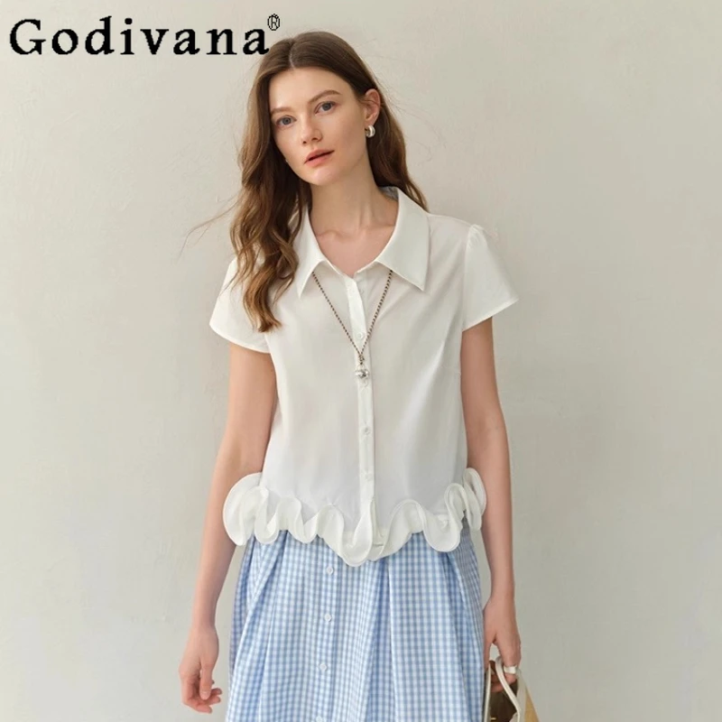

Large Size Women's Fashion Summer 2025 New Ruffles Hem White Turn-down Collar Shirt Chic Unique Short Sleeve Simple Elegant Top