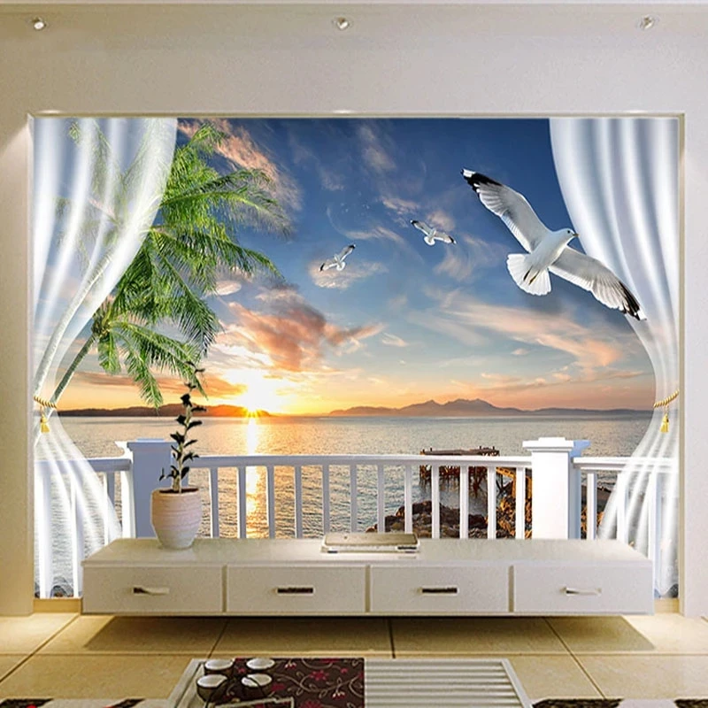 Custom Photo 3D Balcony Curtains Sunset Seascape Mural Self Adhesive Wallpaper Living room sofa TV background bedroom restaurant