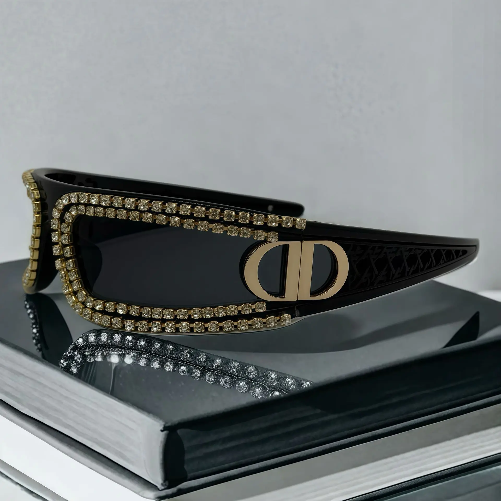 Óculos de sol anexados com faixa de cabeça de hip hop com strass de cristal estilo de tecnologia futurista para mulheres moda festa óculos novidade