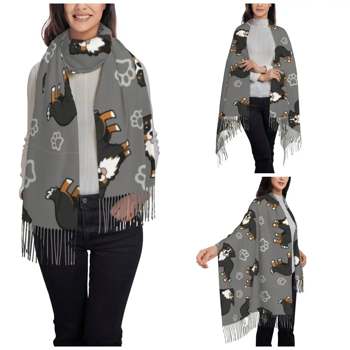 Bernese Mountain Dog Scarf for Women Fall Winter Cashmere Shawl Wrap Cartoon cute animal Large Scarves with Tassel Daily Wear