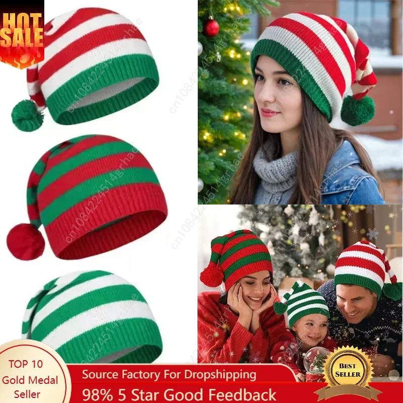 

1-10PCS Christmas Elf Hat Unisex Long-Tail Knitted Beanie with Jumbo Pom Pom for Holiday Parties Winter Accessories