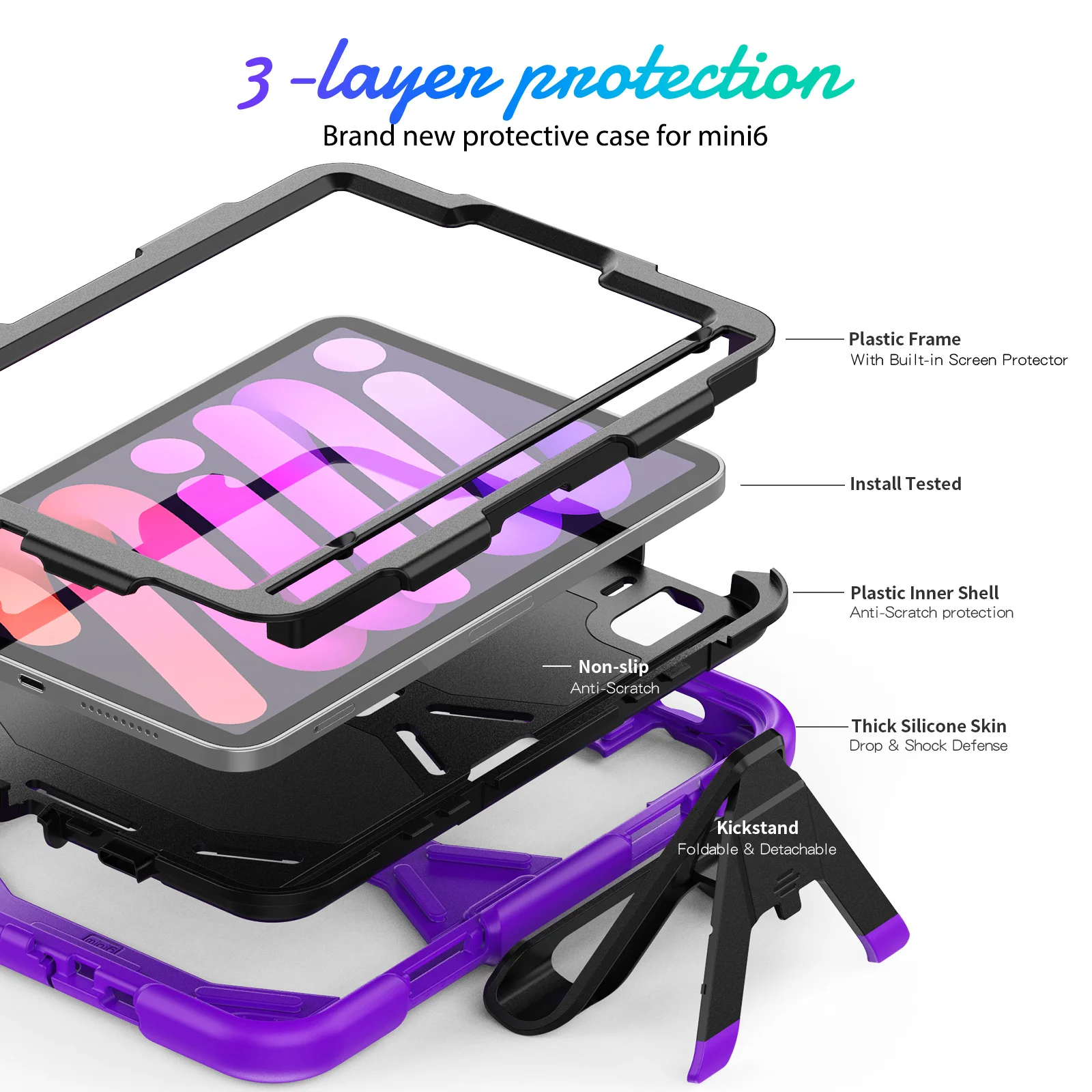 Stand Case With Screen Protector For iPad Mini 7 (A17 Pro) 2024 Mini 6 2021 A2993 A2995 A2996 A2567 A2568 A2569 3-Layers Cover