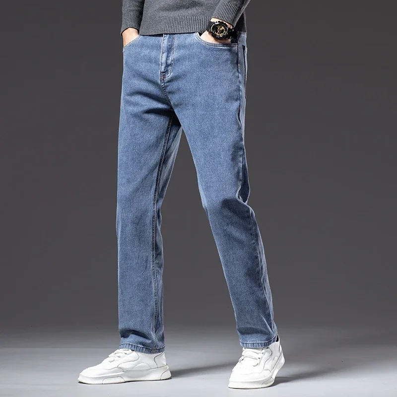 Plus Size 42 44 Men\'s Jeans Gray Blue Straight Stretch Classic Denim Pants Soft Cozy Casual Denim Trousers Male Brand Clothing