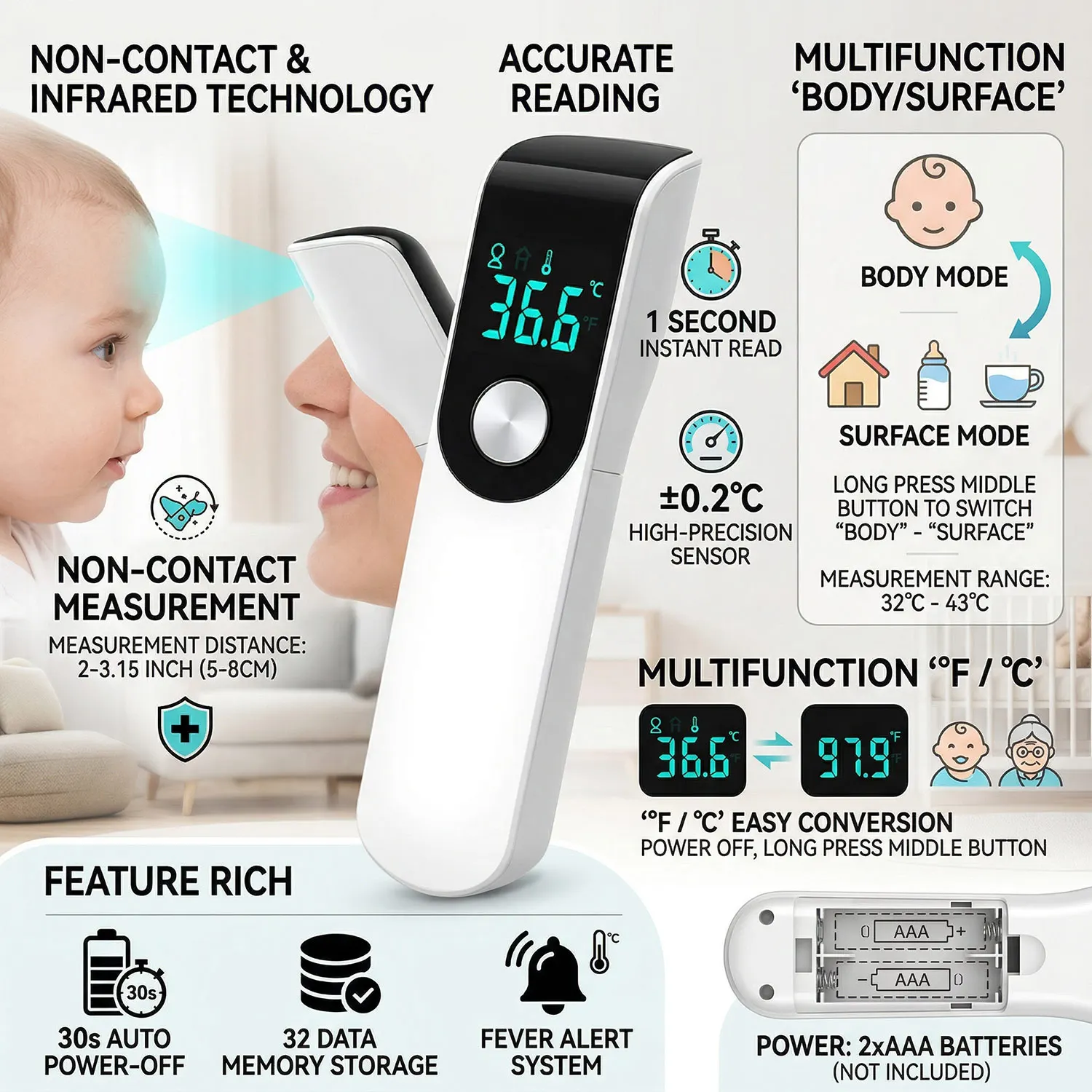 Termómetro Médico para la Frente, Termómetro Infrarrojo para la Fiebre, Termómetro LCD sin Contacto para Niños y Adultos