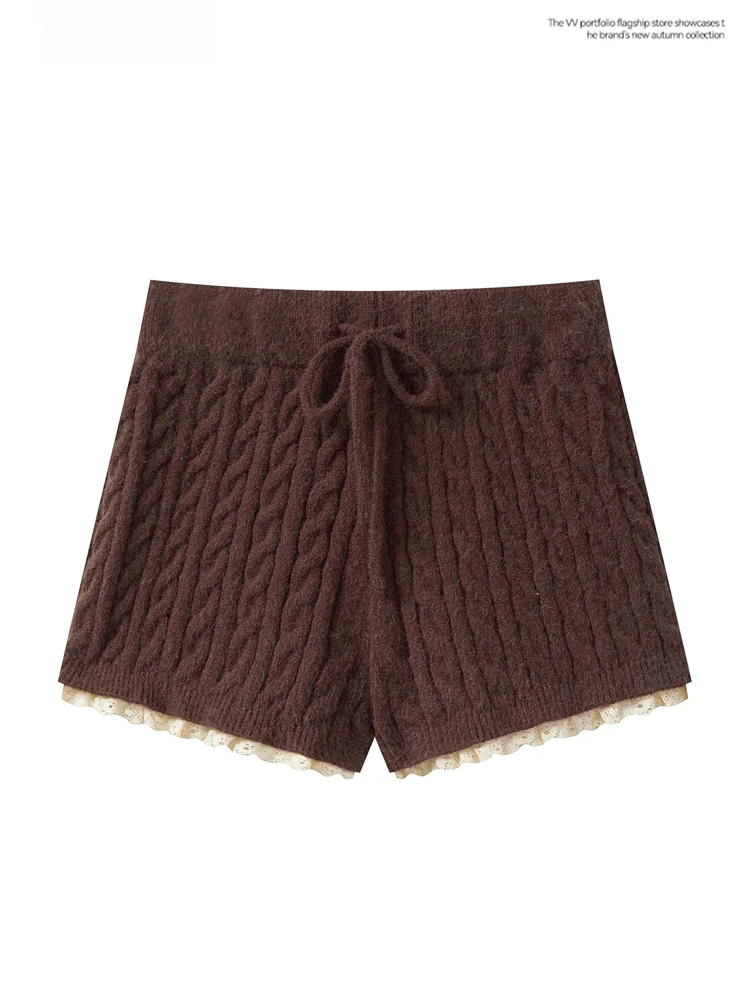 Retro Coffee Knitted Short Pants Women's Slim Fit Sexy Lace Casual Pants High Waist Short Length for Autumn Winter Season