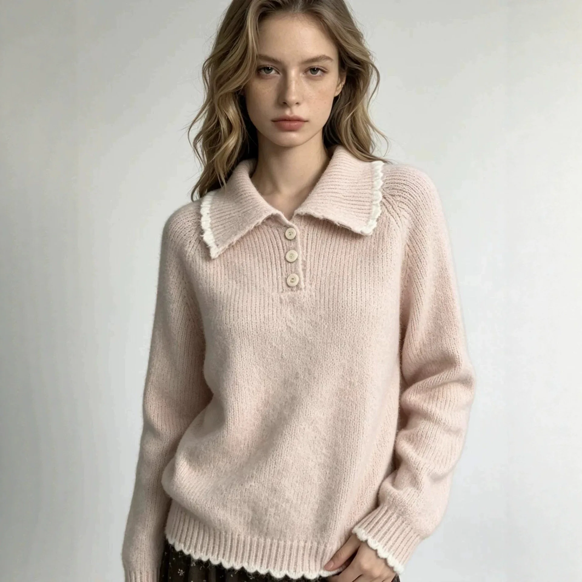 2026 Autumn/Winter New Vintage Color-Blocking Lace Polo Collar Versatile Lazy Style Fashionable Sweater Knitwear Top for Women
