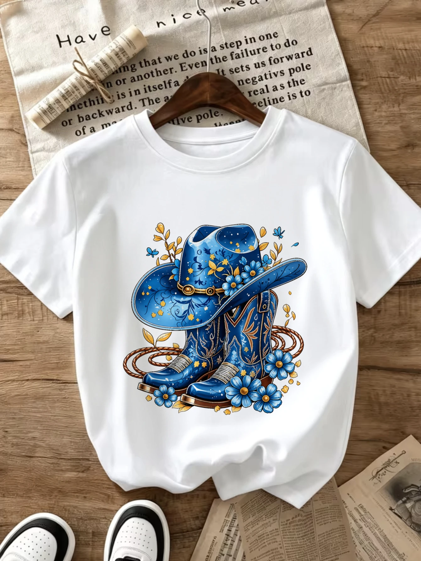 Women's Oversized Crew Neck T-Shirt, One 100%, Comfortable And Soft T-shirt, Women's 4 Season Basic Tees, Blue Cowboy Hat Boots And Flowers Pattern, Popular Printed with Fun Prints, Local Delivery