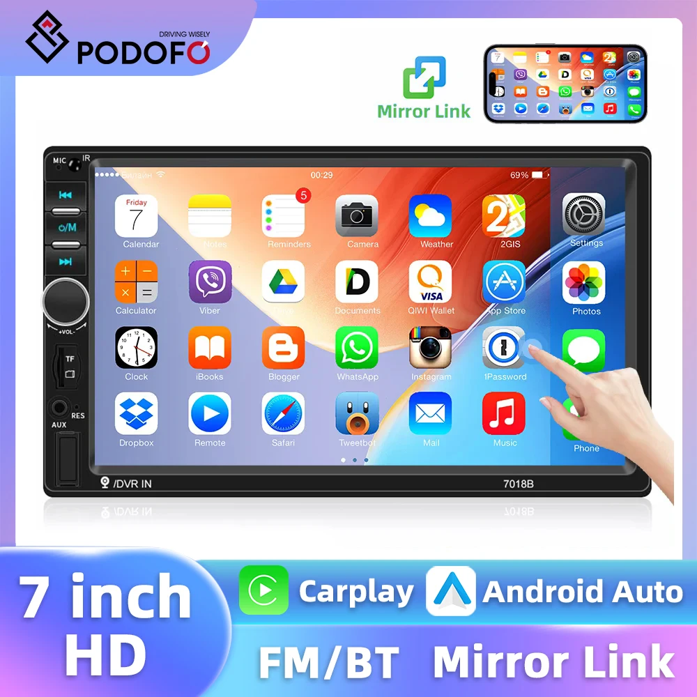 Podofo 2din 7'' Car Radio BT Touch Screen Video MP5 Player Multimedia Player Mirrorlink Remote Control USB RCA FM Radio Stereo