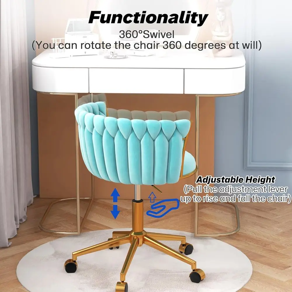Cyan Velvet Swivel Office Chair with Adjustable Height, Gold Base for Home Study or Computer Room
