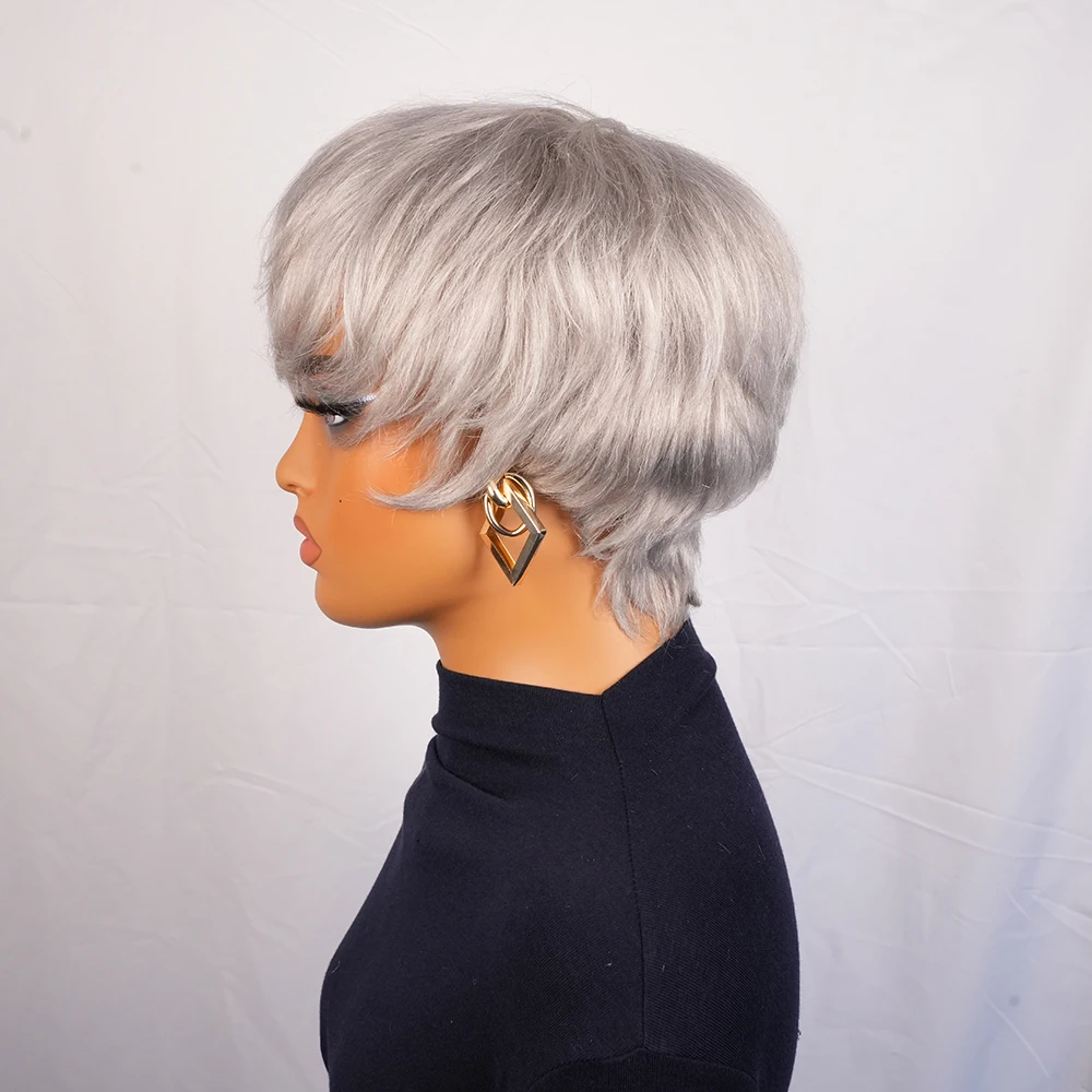 شعر مستعار بشري بقص عابث رمادي فضي مع غرة شعر بشري ريمي برازيلي بطبقات قصيرة مستقيمة للنساء مصنوعة آليًا #3