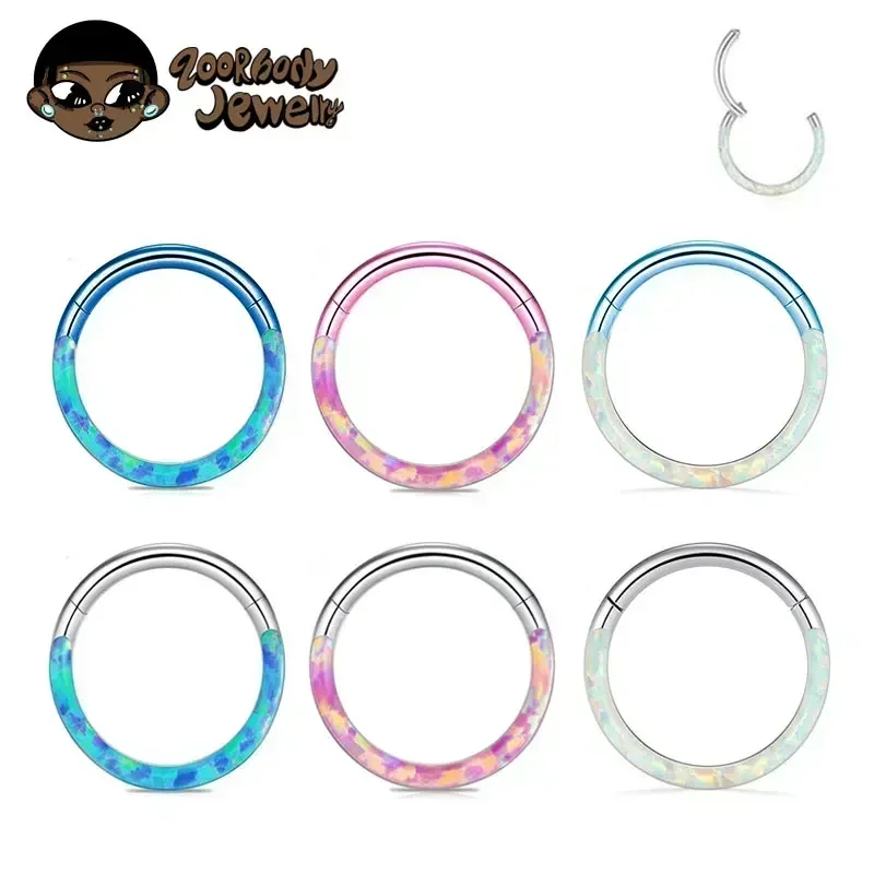 G23 tytanowa przegroda Piercing kolczyk w nosie Opal zawiasowy Segment Clicker kolczyk na chrząstkę ucha Helix Lip Piercing anodowana biżuteria