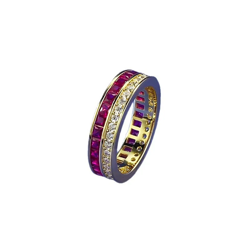 Xiaoyan S925 Silver Double Row Full Diamond Ring Square Red Treasure with Round Broken Diamond Wedding Ring High Jewelry