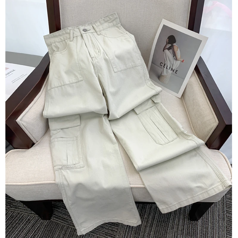 

Summer women light-colored new high-waisted workwear jeans sports casual loose straight trousers ladies bottoms wide-leg pants