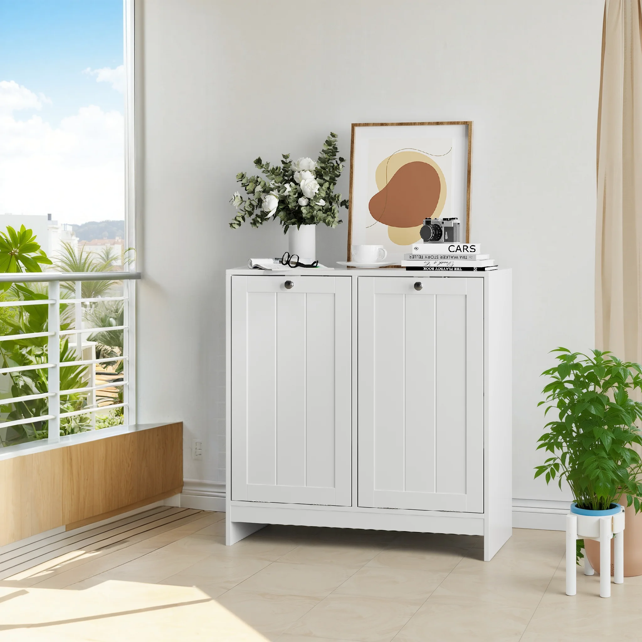 # Tilted Modern Laundry Hamper Removable Basket Hidden Storage Cabinet Free-Standing Living Room Home Organizer White